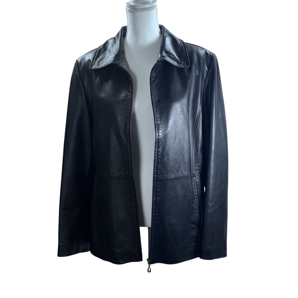 Vintage Charles‎ Klein Leather Jacket Black Zip Fur Collar Chic Edgy Classic XL